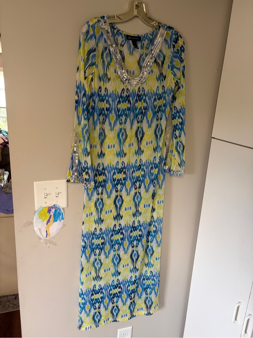 INC International Concepts Blue Lime Ikat Sequin Swim Coverup